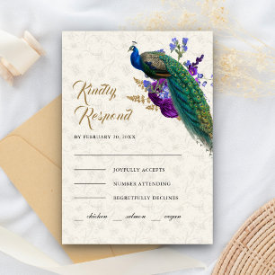 Königlich Blau Lila Blumen Indien Pfau Hochzeit RSVP Karte