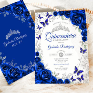 Königlich Blau Silber Blumen Quinceanera Einladung