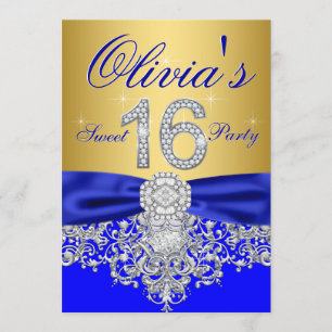 Königlich Blau und Gold Diamant Sweet 16 Party Einladung