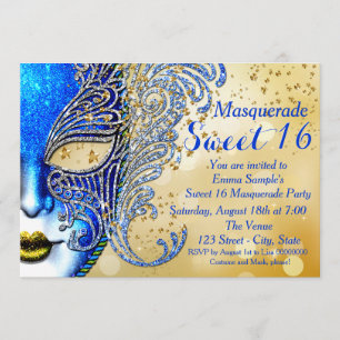 Königlich Blau und Gold Sweet 16 Maskenball-Party Einladung