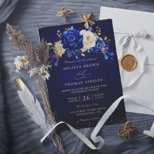 Königlich Blau Weiße Goldene Chic Florale QR-Code- Einladung