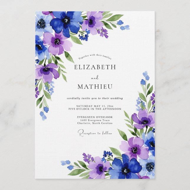 Königlich Blaue Ätherische Flora Hochzeit Einladung (Vorderseite)