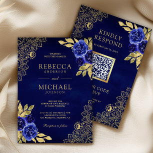 Königlich blaue Blumen-Gold-Spitze QR-Code-Hochzei Einladung