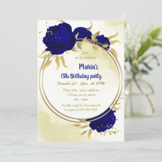 Königlich blaue Blumen Goldblumen Blätter Geburtst Einladung
