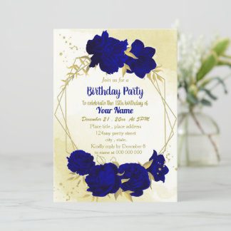 Königlich blaue Blumen Goldblumen Blätter Geburtst Einladung