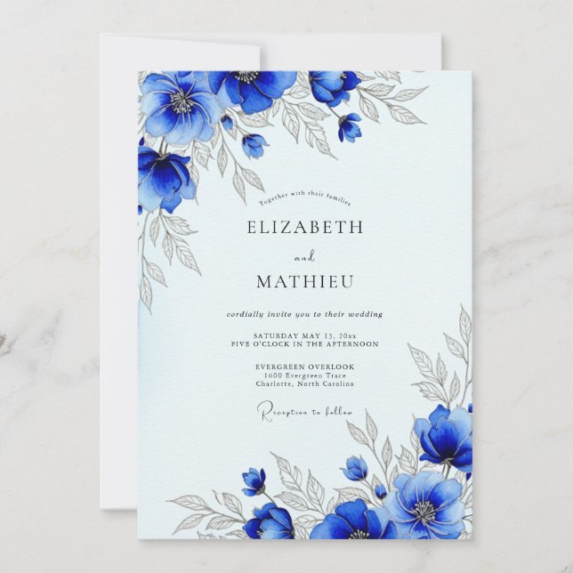 Königlich Blaue Botanische Hochzeit Einladung (Vorderseite)