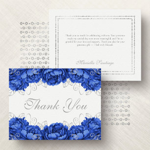 Königlich Blaue Elegante Florale Quinceanera Dankeskarte