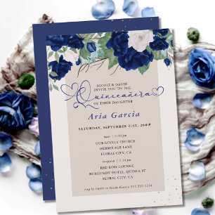 Königlich Blaue Elfenbein Blumenrosen Quinceanera Einladung