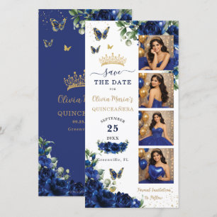 Königlich Blaue Florale Goldene Fotoautomaten-Quin Save The Date