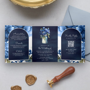 Königlich Blaue Florale Mason Jar QR Code Marinebl Dreifach Gefaltete Einladung