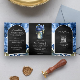 Königlich Blaue Florale Mason-Jar-QR-Code-Schwarze Dreifach Gefaltete Einladung