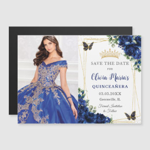 Königlich Blaue Florale Quinceañera-Fotos Ankündig Magneteinladung
