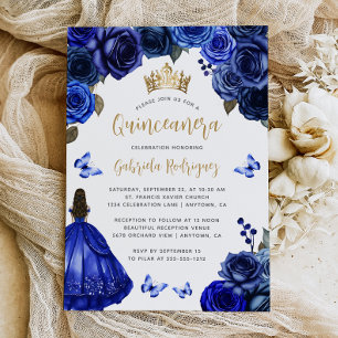 Königlich Blaue Goldene Florale Quinceañera Einladung