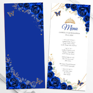 Königlich Blaue Goldene Florale Quinceanera Menükarte