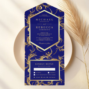 Königlich blaue Goldfolie Flourish Wirbel Hochzeit All In One Einladung