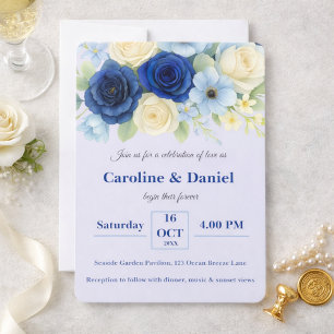 Königlich blaue Hochzeit Aquarell Elfenbein Blumen Einladung