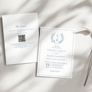Königlich blaue Monogramm-Kranz-QR-Code-Hochzeit Einladung