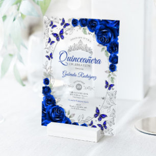 Königlich Blaue Silber Blumen Quinceanera Acryleinladungen
