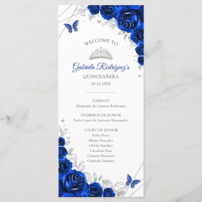 Königlich blaue silberne Quinceanera-Ereignisreihe Programm (Vorderseite)