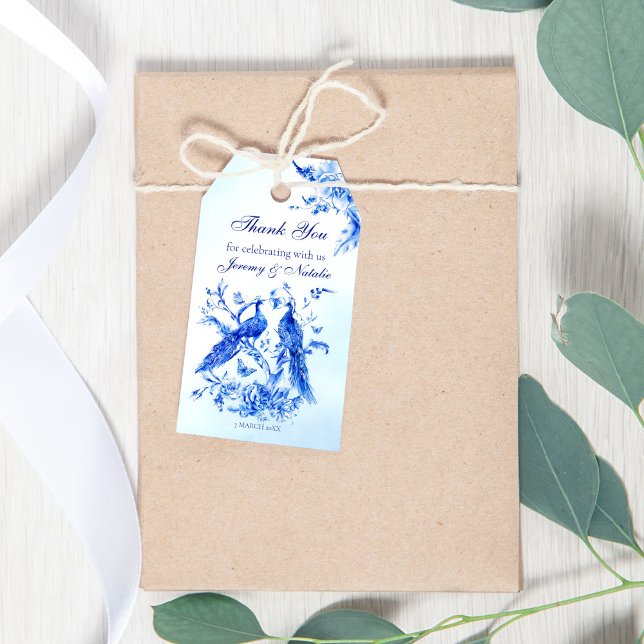 Königlich blaue viktorianische Pfauenhochzeit Geschenkanhänger (Royal blue Victorian peacock watercolor wedding gift tags)