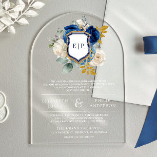 Königlich Blaues Florales Wappen-Monogramm Hochzei Acryleinladungen