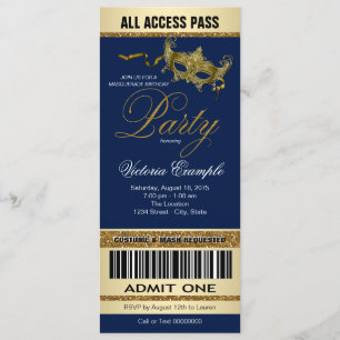 Königlich Blaues Gold-Ticket-Style-Maskenball-Part Einladung