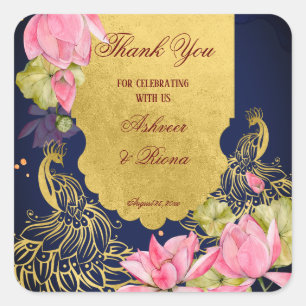 Königlich-Blaues Pfauenlotus Indische Hochzeit Quadratischer Aufkleber