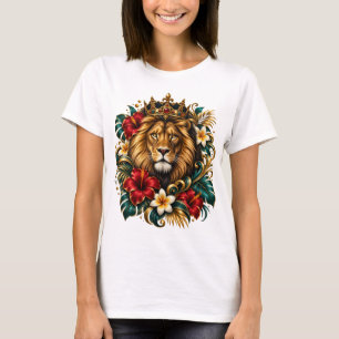 Königlich gekrönter Löwe Tropische Blumenkunst T-Shirt