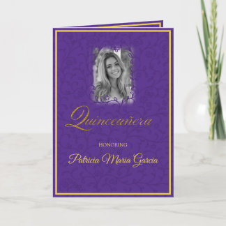 Königlich lila Blumenweine mit Foto quinceanera Karte