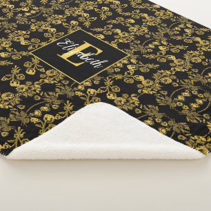Königlich Schwarz & Gold Damast Blumenmuster mit i Sherpadecke