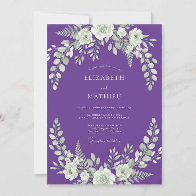 Königlich violette blättrige Hochzeit Einladung (Vorderseite)