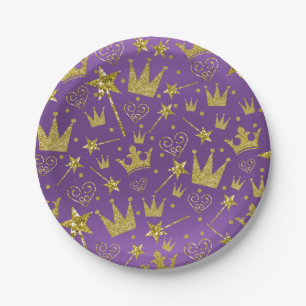 Königlich violette und goldene Glitter Girls Prinz Pappteller