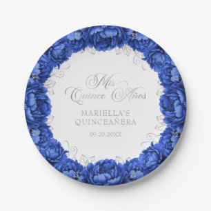 Königliche blaue Blumen-Quinceanera Pappteller