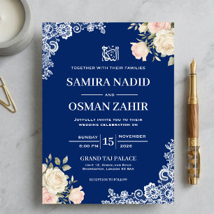 Königliche blaue florale Spitzen-Nikkah-Muslim-Hoc Einladung
