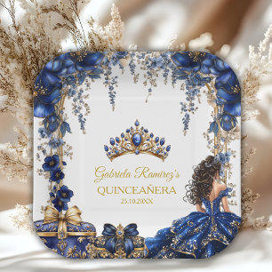 Königliche blaue goldene Tiara Floral Quinceañera Pappteller