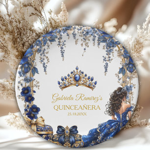 Königliche blaue goldene Tiara Floral Quinceañera Pappteller