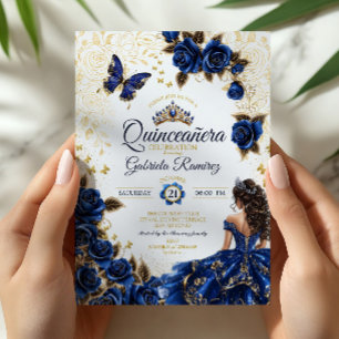 Königliche blaue goldene Tiara Rosen Quinceañera Einladung