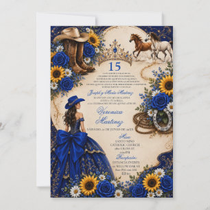 Königliche Blaue Rose Sonnenblume Western Quinceañ Einladung
