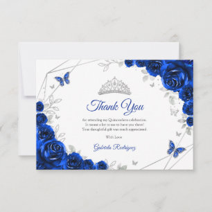 Königliche Blaue Silber Blumen Quinceanera Dankeskarte