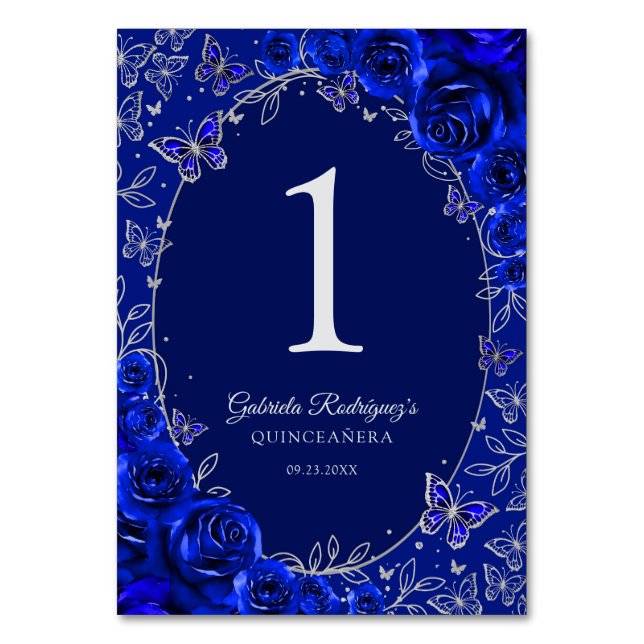 Königliche Blaue Silber Quinceanera Tischnummer (Vorderseite)