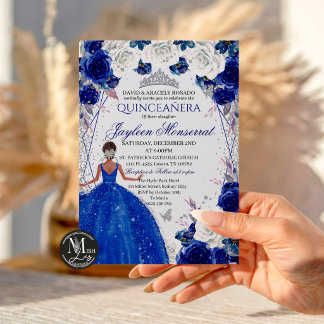 Königliche blaue und silberne Glitter-Quinceañera- Einladung