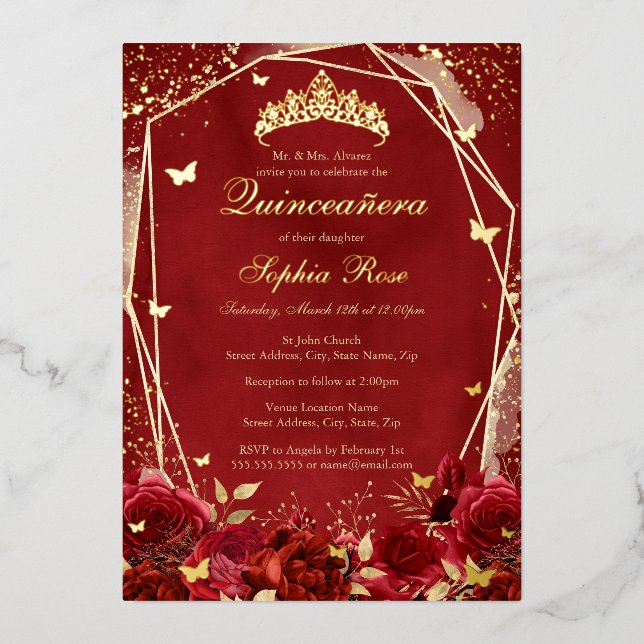 Königliche Blume Gold Rote Tiara Quinceanera Folieneinladung (Vorderseite)