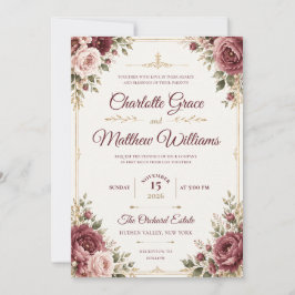 Königliche Burgunder-Aquarell-Blumen-Hochzeitseinl Einladung