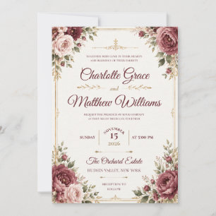 Königliche Burgunder-Aquarell-Blumen-Hochzeitseinl Einladung