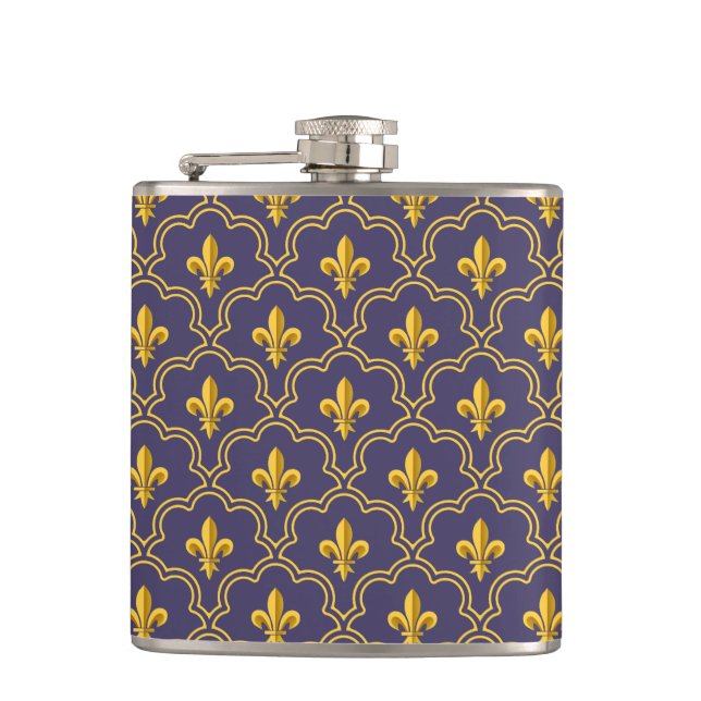 Königliche Fleur-de-Lis Lila und Gold Muster Flachmann (Vorderseite)