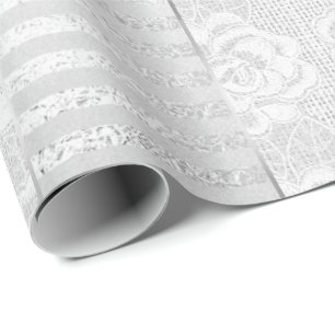 Königliche Floral Rosen Silber Weiße Spitze Streif Geschenkpapier