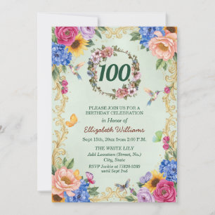 Königliche Goldene Florale Kolibri 100. Geburtstag Einladung