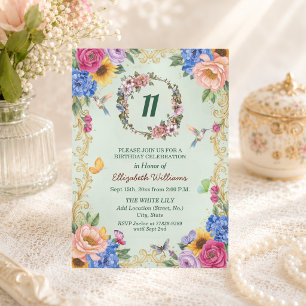 Königliche Goldene Florale Kolibris 11. Geburtstag Einladung