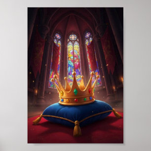 Königliche goldene Krone auf blauem Samt-Märchenpo Poster