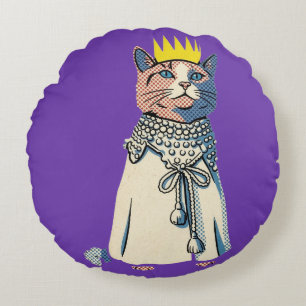 Königliche Katze in Krone und Robe Vintage Pop Art Rundes Kissen